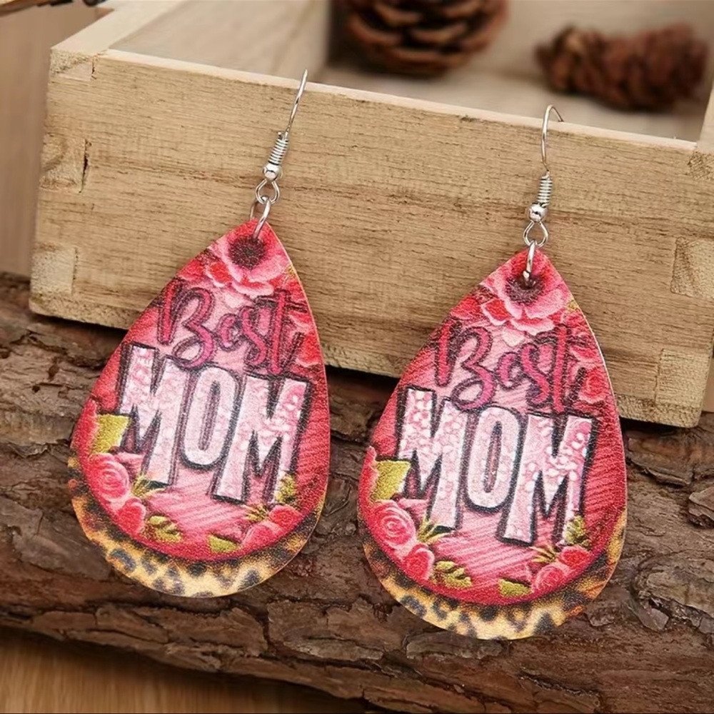 New In Package BEST MOM Dangle Earrings Faux Leather